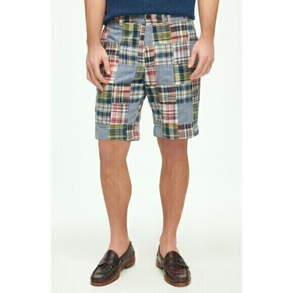 Jaymar Slack Madras Shorts Mens Sz M Blue Green Patchwork Vintage Preppy Summery - Picture 1 of 14